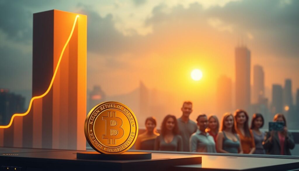 A towering graph representing the growth potential of digital memberships, illuminated by warm, diffused lighting. In the foreground, a gleaming gold coin symbolizing financial reward, casting a soft glow. In the middle ground, a group of diverse individuals, each adorned with unique NFT avatars, signifying the community aspect of the membership. The background depicts a futuristic cityscape, hinting at the technological advancements that enable this new era of digital investment opportunities. The scene radiates a sense of prosperity, innovation, and the promise of a thriving, interconnected digital economy. A towering graph representing the growth potential of digital memberships, illuminated by warm, diffused lighting. In the foreground, a gleaming gold coin symbolizing financial reward, casting a soft glow. In the middle ground, a group of diverse individuals, each adorned with unique NFT avatars, signifying the community aspect of the membership. The background depicts a futuristic cityscape, hinting at the technological advancements that enable this new era of digital investment opportunities. The scene radiates a sense of prosperity, innovation, and the promise of a thriving, interconnected digital economy.