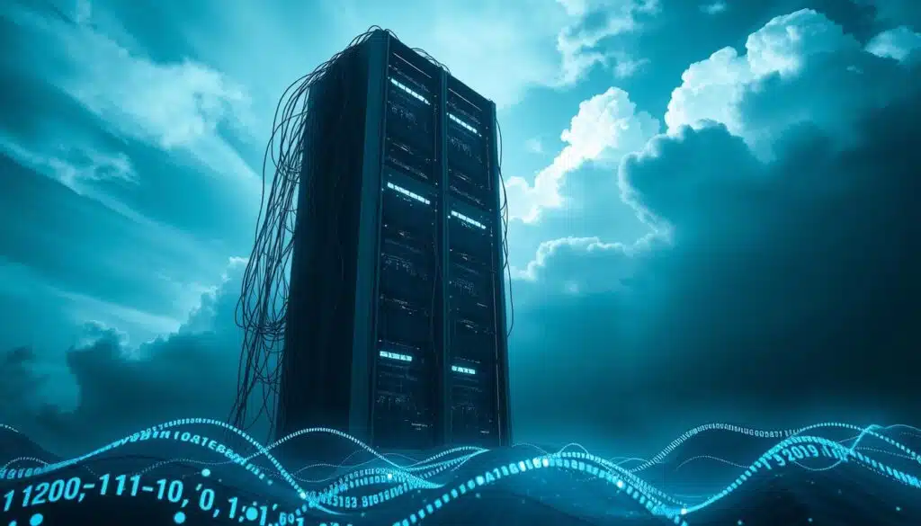 A towering server rack, its cables snaking like a web, stands as a symbol of centralized control. The glow of its lights casts an eerie shadow, hinting at a single point of failure. In the foreground, a data stream flows, its authenticity uncertain, as it feeds into the omniscient machine. The scene is bathed in a cool, clinical hue, reflecting the fragility of a system that rests on the whims of a solitary entity. Ominous clouds loom in the background, foreshadowing the potential for catastrophic disruption. This image captures the inherent vulnerability of a centralized oracle, a cautionary tale of the need for decentralized solutions.