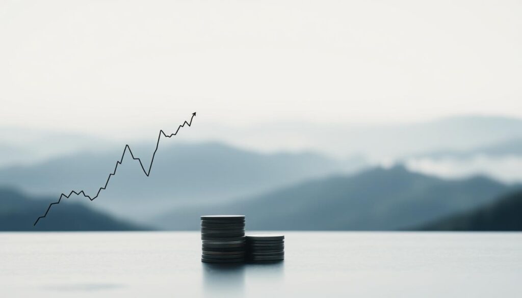A tranquil, minimalist scene depicting the "accumulation phase" of a market cycle. In the foreground, a solitary stock chart rises gently, its lines conveying a sense of cautious optimism. The midground features a cluster of stacked coins, their surfaces reflecting the muted light. In the background, a mist-shrouded landscape evokes a contemplative mood, with rolling hills and a distant horizon line. The lighting is soft and diffuse, creating an atmosphere of patient observation. The composition emphasizes balance and restraint, mirroring the patient, methodical nature of the accumulation phase. The overall tone is one of measured progress, as the market gradually builds momentum for the next stage of the cycle. A tranquil, minimalist scene depicting the "accumulation phase" of a market cycle. In the foreground, a solitary stock chart rises gently, its lines conveying a sense of cautious optimism. The midground features a cluster of stacked coins, their surfaces reflecting the muted light. In the background, a mist-shrouded landscape evokes a contemplative mood, with rolling hills and a distant horizon line. The lighting is soft and diffuse, creating an atmosphere of patient observation. The composition emphasizes balance and restraint, mirroring the patient, methodical nature of the accumulation phase. The overall tone is one of measured progress, as the market gradually builds momentum for the next stage of the cycle.