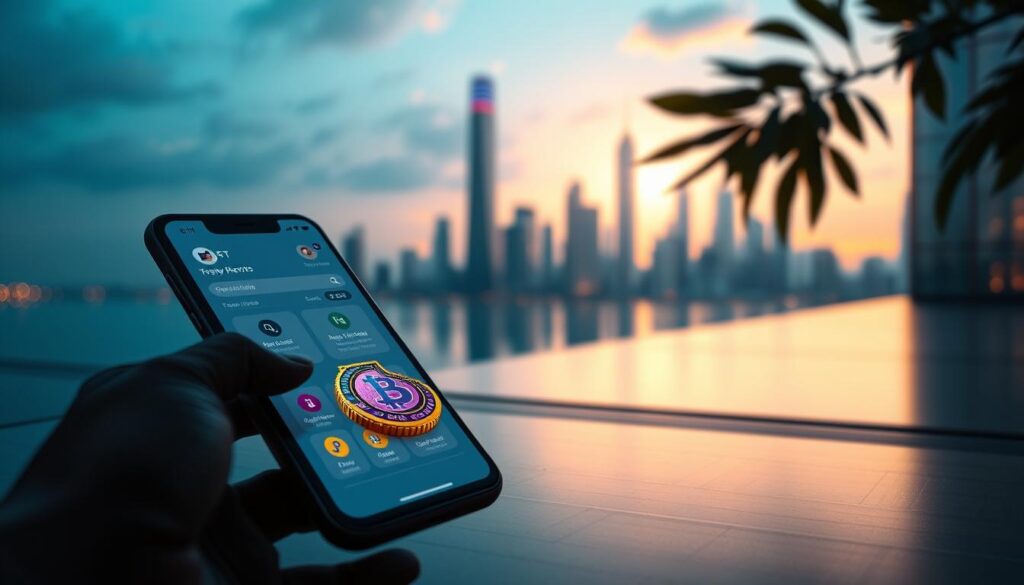 A tranquil, modern scene depicting the practical benefits of NFT-based loyalty programs. In the foreground, a smartphone displays a sleek, minimalist user interface showcasing various NFT rewards and perks. The middle ground features a stylized 3D representation of an NFT, its vibrant colors and intricate design catching the eye. In the background, a serene, futuristic cityscape with towering skyscrapers and a glowing, ethereal sky, conveying a sense of technological advancement and innovation. The overall mood is one of sophistication, exclusivity, and the seamless integration of digital loyalty rewards into everyday life. Soft, directional lighting and a cinematic camera angle create a visually compelling and aspirational image. A tranquil, modern scene depicting the practical benefits of NFT-based loyalty programs. In the foreground, a smartphone displays a sleek, minimalist user interface showcasing various NFT rewards and perks. The middle ground features a stylized 3D representation of an NFT, its vibrant colors and intricate design catching the eye. In the background, a serene, futuristic cityscape with towering skyscrapers and a glowing, ethereal sky, conveying a sense of technological advancement and innovation. The overall mood is one of sophistication, exclusivity, and the seamless integration of digital loyalty rewards into everyday life. Soft, directional lighting and a cinematic camera angle create a visually compelling and aspirational image.