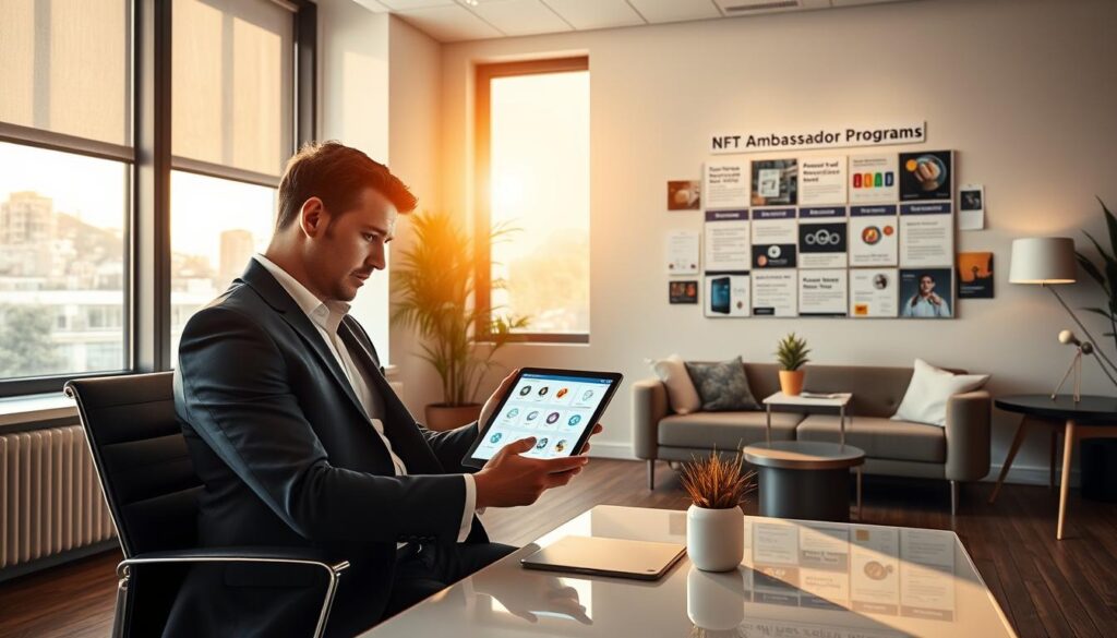 A tranquil office setting, bathed in warm, natural light filtering through large windows. A business professional sits at a desk, intently studying a tablet displaying various NFT ambassador program options. Sleek, modern furniture and minimalist decor create an atmosphere of focused contemplation. In the background, a vision board adorns the wall, showcasing successful NFT projects and their respective ambassador programs. The overall scene conveys a sense of careful consideration and deliberation as the individual navigates the best NFT ambassador opportunities with potential rewards.
