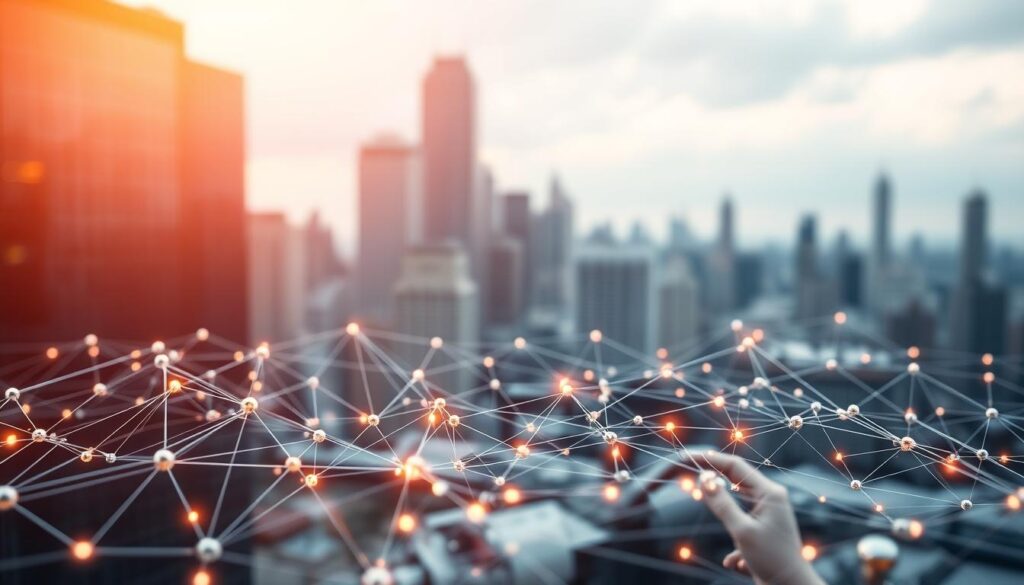 A transparent blockchain network with decentralized nodes in the foreground, symbolizing the distributed nature of the technology. In the middle ground, a clear visualization of the transaction ledger, showcasing the transparent and immutable record of data. The background features a cityscape with skyscrapers, representing the integration of blockchain into legacy business systems. Soft, warm lighting illuminates the scene, creating a sense of trust and reliability. The overall composition conveys the core principles of blockchain: decentralization, transparency, and seamless integration with existing infrastructure. A transparent blockchain network with decentralized nodes in the foreground, symbolizing the distributed nature of the technology. In the middle ground, a clear visualization of the transaction ledger, showcasing the transparent and immutable record of data. The background features a cityscape with skyscrapers, representing the integration of blockchain into legacy business systems. Soft, warm lighting illuminates the scene, creating a sense of trust and reliability. The overall composition conveys the core principles of blockchain: decentralization, transparency, and seamless integration with existing infrastructure.