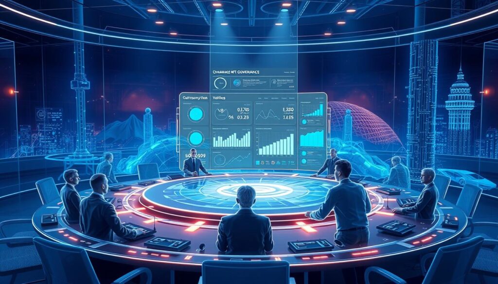 A transparent governance visualization depicting a digital meeting room with holographic controls and interactive data displays. The foreground features a circular table surrounded by holographic avatars of participants, their identities obscured, symbolizing anonymity and decentralization. The middle ground shows a large transparent screen displaying real-time analytics and voting metrics. The background features an ethereal, futuristic landscape with glowing data streams and blockchain-inspired architecture. The lighting is soft and ambient, creating a sense of tranquility and trust. The overall mood conveys the principles of open, collaborative, and accountable NFT governance.