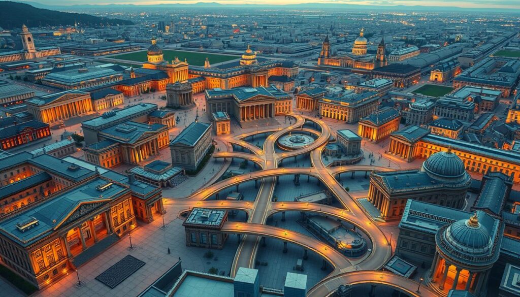 A vast and complex network of legal systems across diverse jurisdictions, depicted in a detailed, architectural illustration. In the foreground, intricate courthouses and government buildings in various classical and modern styles stand as symbols of justice, their facades illuminated by warm, directional lighting. In the middle ground, a maze of interconnected pathways and bridges represent the intricate web of laws, regulations, and precedents that connect these institutions. The background is a panoramic vista of cityscapes and landscapes, hinting at the global scale and diversity of legal frameworks. The overall scene conveys a sense of order, interconnectedness, and the challenge of navigating this intricate tapestry of legal systems.