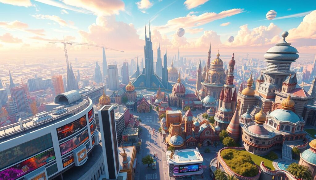 A vast and immersive metaverse landscape, filled with a vibrant array of digitally-constructed environments. In the foreground, a sleek and modern virtual architecture, featuring clean lines, minimalist design, and thoughtfully-integrated technology. The middle ground showcases a diverse range of structures, from futuristic skyscrapers to whimsical, fantastical buildings, each with its own unique style and purpose. In the background, a vibrant and ever-changing skyscape, with dynamic lighting that casts warm, golden hues across the scene, creating a sense of depth and wonder. The overall atmosphere is one of limitless potential, where the boundaries between the physical and digital worlds blur, inviting the viewer to explore and create within this boundless, virtual realm.