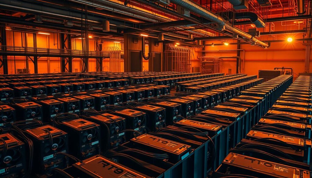 A vast, cavernous mining facility bathed in a warm, amber glow. Rows of specialized mining rigs, their GPU-laden frames whirring with activity, cast a hypnotic dance of light and shadow. Fans whir, cooling the powerful hardware as it crunches complex algorithms, verifying transactions and securing the blockchain. The air hums with the steady pulse of the operation, a symphony of technology and energy consumption. In the background, a maze of pipes and cooling systems, the unseen infrastructure that powers this digital gold rush. The scene conveys the scale, complexity, and immense energy demands of modern cryptocurrency mining.