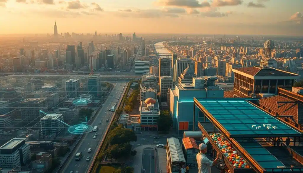 A vast cityscape stretches before the viewer, its towering skyscrapers and bustling streets a testament to the rapid technological advancements that have transformed modern life. In the foreground, a series of holographic projections showcase a diverse range of real-world applications, from autonomous vehicles navigating the congested roads to remote medical procedures being conducted across the globe. The middle ground features a bustling marketplace, where merchants peddle their wares, seamlessly integrating cutting-edge blockchain-based payment systems. In the background, a serene research laboratory stands, its scientists tinkering with the latest innovations, poised to unlock the next wave of transformative technologies. The scene is bathed in a warm, golden light, conveying a sense of optimism and progress as the world embraces the boundless potential of emerging technologies.