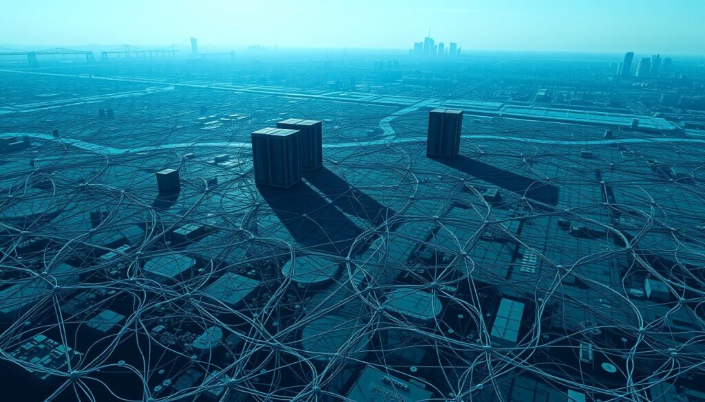 A vast, complex network of interconnected nodes, each representing a technical hurdle in blockchain implementation. The foreground depicts a tangle of cables, circuits, and cryptographic symbols, symbolizing the intricate challenges of scalability, security, and interoperability. The middle ground features towering server racks and data centers, casting long shadows that stretch across the landscape. In the background, a hazy skyline of skyscrapers and infrastructure hints at the broader enterprise context. The scene is illuminated by a cool, bluish-white light, conveying the technological nature of the challenges. The overall atmosphere is one of complexity, tension, and the need for innovative solutions to overcome these daunting technical hurdles. A vast, complex network of interconnected nodes, each representing a technical hurdle in blockchain implementation. The foreground depicts a tangle of cables, circuits, and cryptographic symbols, symbolizing the intricate challenges of scalability, security, and interoperability. The middle ground features towering server racks and data centers, casting long shadows that stretch across the landscape. In the background, a hazy skyline of skyscrapers and infrastructure hints at the broader enterprise context. The scene is illuminated by a cool, bluish-white light, conveying the technological nature of the challenges. The overall atmosphere is one of complexity, tension, and the need for innovative solutions to overcome these daunting technical hurdles.