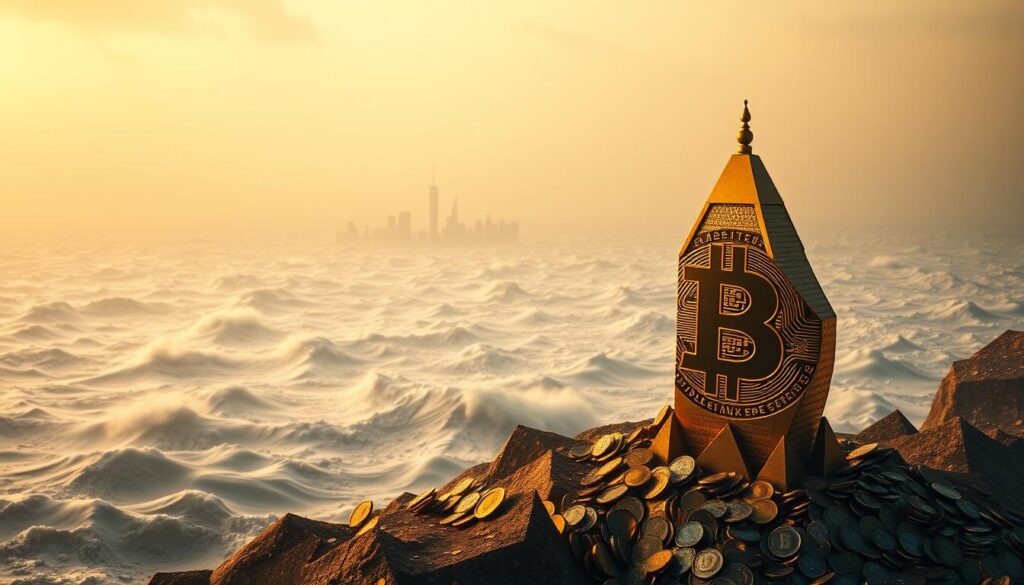 A vast cryptocurrency market landscape, with Bitcoin as the central, dominating figure. The foreground depicts Bitcoin as a towering, golden monument, its surface shimmering with intricate details. The middle ground showcases a dynamic, swirling sea of other digital currencies, their values ebbing and flowing like waves. In the distant background, a hazy, data-driven skyline represents the complex market sentiments and analyses that shape the industry. The lighting is cinematic, with warm, dramatic hues casting a sense of both power and uncertainty. The camera angle is slightly elevated, lending a sense of scale and grandeur to the scene.