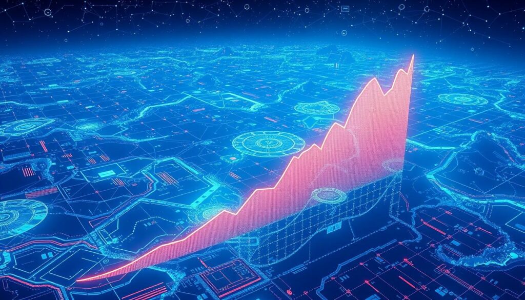 A vast digital landscape, illuminated by the glow of computational power. In the foreground, a towering graph charts the exponential growth of processor speed, its peaks and valleys reflecting the systemic challenges faced by the cutting edge of technology. In the middle ground, abstract visualizations of data flows and algorithmic complexity swirl and intertwine, hinting at the intricate tapestry of modern computing. The background is dominated by a vast, three-dimensional grid, representing the interconnected infrastructure that enables the relentless march of progress. The image is bathed in a cool, ethereal light, conveying the sense of a never-ending quest for greater computational might.