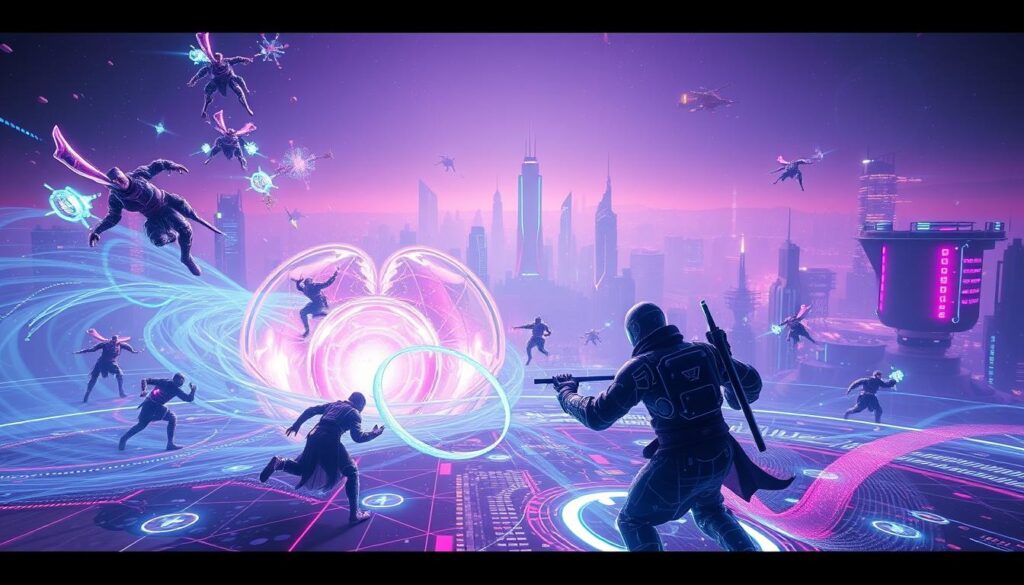 A vast digital landscape, where neon-hued holographic figures engage in intense NFT gaming battles. In the foreground, a skilled player masterfully navigates their avatar, employing a diverse arsenal of unique NFT-powered abilities and upgrades. The middle ground is a swirling vortex of data, code, and ethereal power-ups, while the distant background depicts a futuristic cityscape, its towering skyscrapers and floating platforms a testament to the technological advancements powering this immersive gaming experience. Cinematic lighting casts dramatic shadows, amplifying the sense of high-stakes competition and the player's determination to emerge victorious.