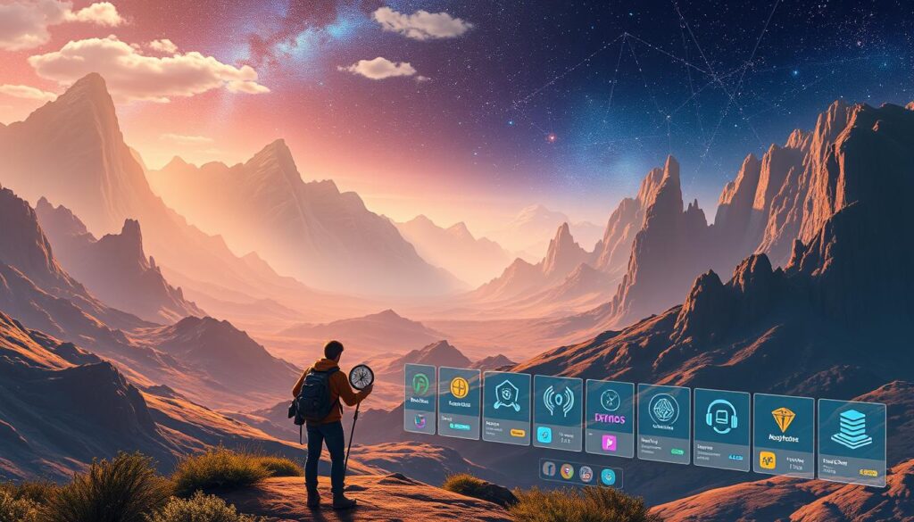 A vast digital landscape, with towering mountains of data and valleys of podcasting platforms. In the foreground, a navigator guides their way, using a compass of curiosity to navigate the ever-evolving crypto podcast ecosystem. Ambient lighting casts a soft glow, illuminating the journey as they explore new content, evaluating the quality and relevance of each episode. The middle ground features a dynamic display, showcasing the diverse range of topics, from DeFi to NFTs, with animated icons and visualizations. In the background, a constellation of stars twinkles, representing the boundless potential of this ever-expanding audio universe. The scene conveys a sense of exploration, discovery, and the thrill of staying ahead of the curve in the rapidly evolving world of cryptocurrency.