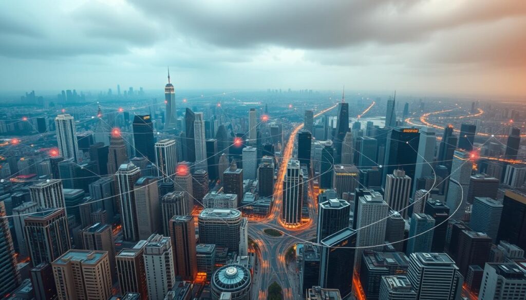 A vast expanse of a bustling city skyline, with towering skyscrapers and bustling streets. In the foreground, a series of interconnected nodes and pathways, representing the complex web of blockchain sidechains. The midground showcases various real-world applications, including financial transactions, supply chain management, and decentralized identity systems, all seamlessly integrated through the sidechain infrastructure. The background is bathed in a warm, amber glow, evoking a sense of progress and innovation. The scene is captured with a wide-angle lens, emphasizing the scale and complexity of the sidechain ecosystem, while maintaining a clear, detailed focus on the key elements. The overall mood is one of a thriving, interconnected world, where blockchain technology has become a fundamental part of everyday life.