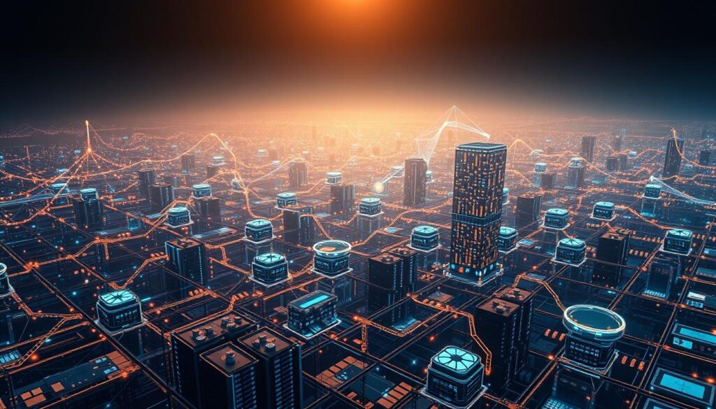 A vast, expansive digital landscape dominated by the intricate, interconnected structures of blockchain infrastructure. In the foreground, a towering network of servers, nodes, and data centers hum with the energy of digital assets in motion. Shimmering lines of code and holographic displays overlay the scene, visualizing the flow of information and transactions. In the middle ground, abstract shapes and geometric patterns symbolize the advanced cryptography and consensus mechanisms that power this decentralized ecosystem. The background fades into a dreamlike, ethereal realm, bathed in the soft glow of emerging technologies that push the boundaries of what's possible in the digital world. Lighting is dramatic, with deep shadows and highlights accentuating the technological magnificence. The overall atmosphere conveys a sense of progress, innovation, and the transformative potential of blockchain-driven advancements.