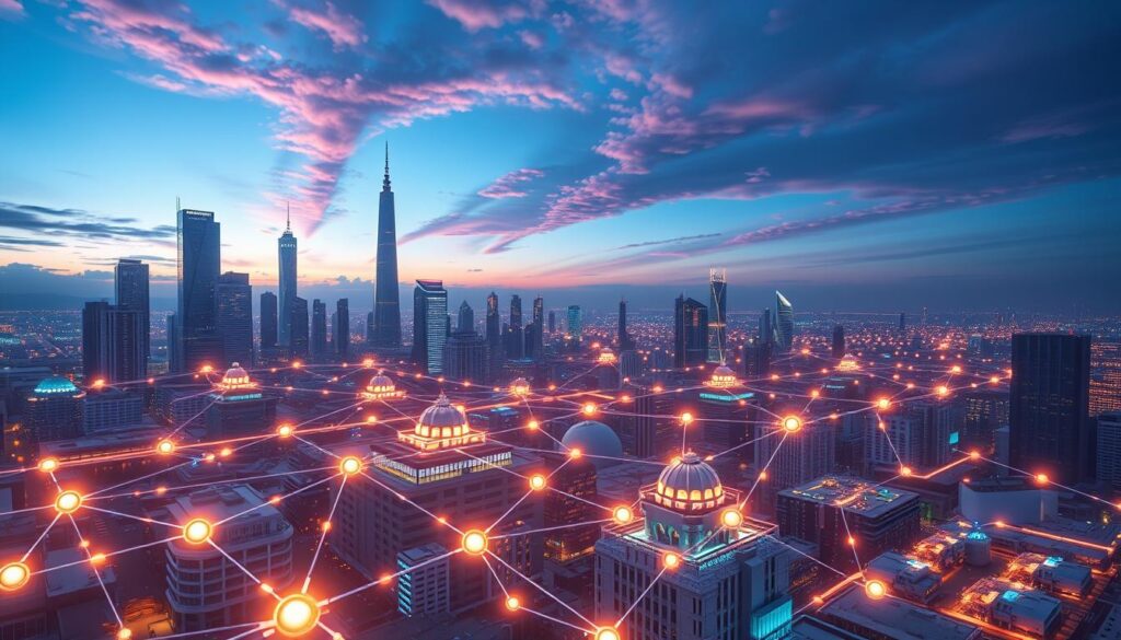 A vast, futuristic cityscape with towering skyscrapers and advanced infrastructure. In the foreground, a dynamic visualization of blockchain technology, represented by glowing nodes and interconnected lines pulsing with energy. The midground showcases a network of medical facilities, each connected by secure blockchain-powered data transfers. In the background, a vibrant sky with hues of blue and purple, illuminated by the glow of advanced technologies. The scene conveys a sense of innovation, efficiency, and the seamless integration of blockchain into the healthcare industry of the future.