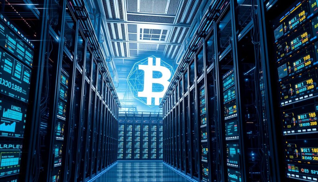 A vast, futuristic data center with sleek, modern architecture. Towering server racks filled with glowing blockchain nodes, connected by a complex web of cables and fiber optics. Holographic displays and touchscreens showcase real-time blockchain transaction data, blockchain algorithms, and cryptographic hashes. The scene is bathed in a cool, blue-tinted lighting, creating an atmosphere of technological sophistication and innovation. In the background, a towering, geometric blockchain symbol looms, symbolizing the power and potential of this transformative computing infrastructure.