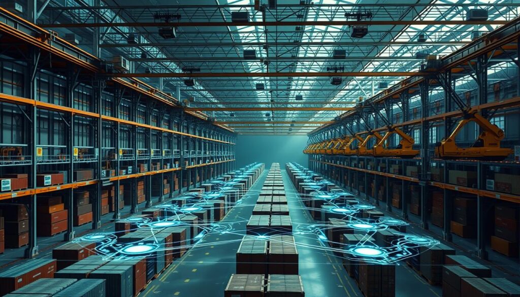 A vast, futuristic warehouse filled with rows of automated shipping containers and robotic cranes. In the foreground, a complex network of smart contracts is displayed on a holographic interface, orchestrating the seamless flow of goods. Overhead, an array of sensors and cameras monitor every aspect of the operation, providing real-time data and analytics. The lighting is cool and industrial, with a mix of natural and artificial illumination casting dramatic shadows. The overall atmosphere conveys the efficiency and precision of a highly advanced, blockchain-powered logistics system.