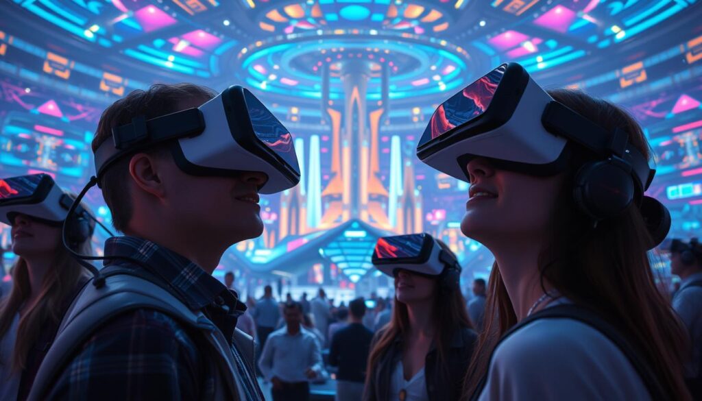 A vast, immersive virtual world unfolds, brimming with cutting-edge metaverse technologies. In the foreground, a group of individuals don virtual reality headsets, their expressions captivated as they explore the digital realm. Holographic interfaces and futuristic structures populate the middle ground, offering a glimpse of the seamless integration between the physical and virtual realms. The background features a kaleidoscope of vivid colors and dynamic lighting, creating a sense of boundless possibilities within this metaverse experience. Cinematic camera angles and a sense of depth and scale convey the grandeur and wonder of this transformative technological landscape.