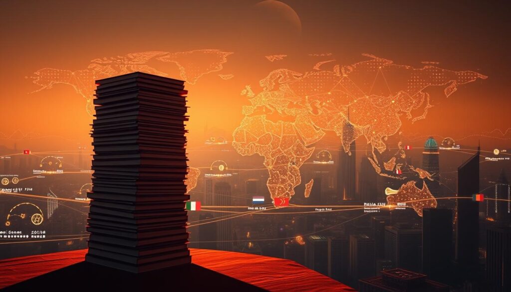 A vast, interconnected global landscape with diverse regulatory perspectives on blockchain technology. In the foreground, a towering stack of legal documents and regulations, casting a long shadow. In the middle ground, national flags from around the world representing the various stakeholders, each with unique approaches to blockchain oversight. The background is a hazy, digital cityscape, with glowing blockchain nodes and data streams crisscrossing the horizon, symbolizing the borderless nature of this emerging technology. The lighting is dramatic, with warm tones highlighting the complexity and gravity of the global regulatory landscape. The overall mood is one of contemplation and uncertainty, as the world grapples with the challenges of regulating an innovative, decentralized system. A vast, interconnected global landscape with diverse regulatory perspectives on blockchain technology. In the foreground, a towering stack of legal documents and regulations, casting a long shadow. In the middle ground, national flags from around the world representing the various stakeholders, each with unique approaches to blockchain oversight. The background is a hazy, digital cityscape, with glowing blockchain nodes and data streams crisscrossing the horizon, symbolizing the borderless nature of this emerging technology. The lighting is dramatic, with warm tones highlighting the complexity and gravity of the global regulatory landscape. The overall mood is one of contemplation and uncertainty, as the world grapples with the challenges of regulating an innovative, decentralized system.