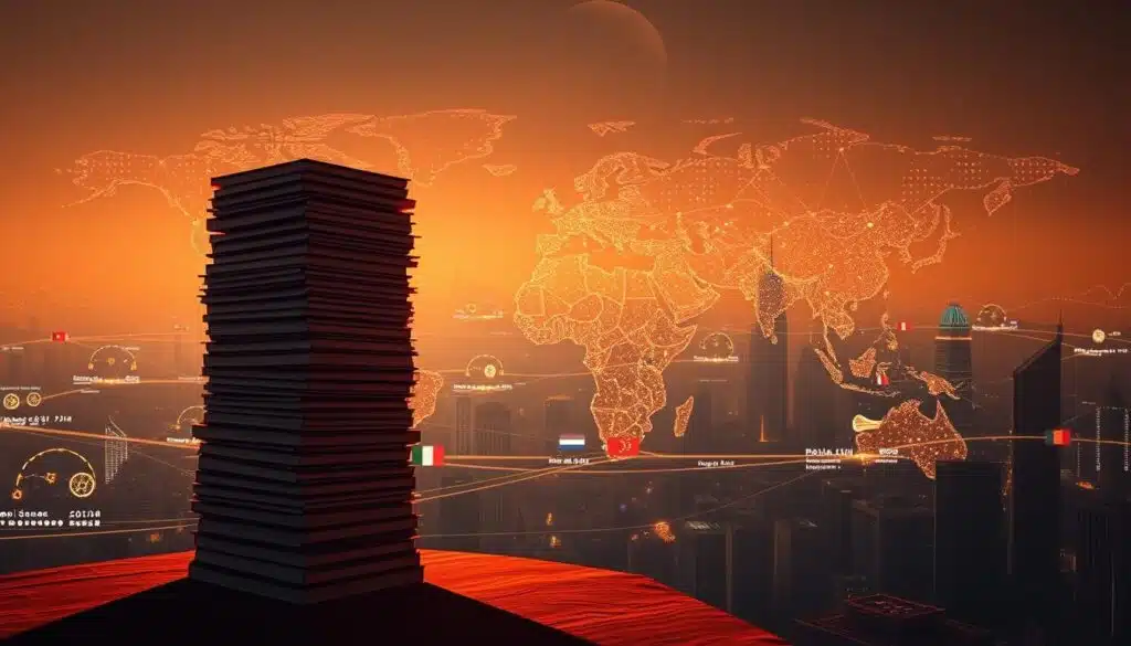 A vast, interconnected global landscape with diverse regulatory perspectives on blockchain technology. In the foreground, a towering stack of legal documents and regulations, casting a long shadow. In the middle ground, national flags from around the world representing the various stakeholders, each with unique approaches to blockchain oversight. The background is a hazy, digital cityscape, with glowing blockchain nodes and data streams crisscrossing the horizon, symbolizing the borderless nature of this emerging technology. The lighting is dramatic, with warm tones highlighting the complexity and gravity of the global regulatory landscape. The overall mood is one of contemplation and uncertainty, as the world grapples with the challenges of regulating an innovative, decentralized system.