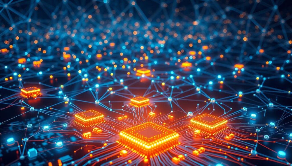 A vast, interconnected web of IoT devices, each node a blockchain validator, their collective consensus shaping a decentralized ledger. Glowing circuit boards and sleek sensors seamlessly integrated, casting a soft, ambient glow. In the background, a complex network of interconnected lines and geometric shapes, representing the intricate data flows and blockchain transactions. The scene is bathed in a cool, futuristic light, conveying the technological sophistication and innovative nature of this IoT-powered blockchain ecosystem.