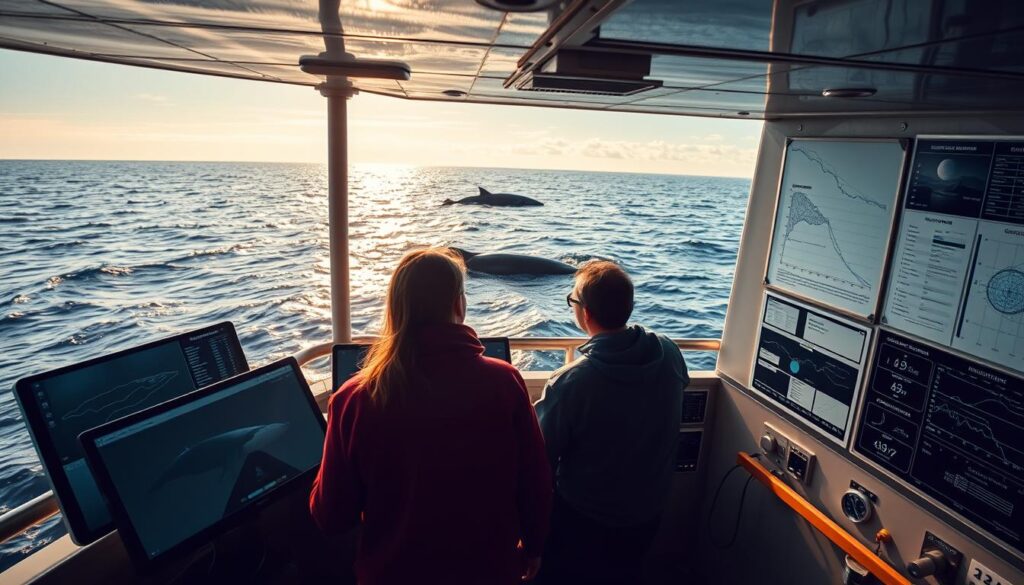 A vast ocean expanse, its gentle waves lapping against the sides of a research vessel. In the foreground, a team of marine biologists intently studying data displays, tracking the movement of majestic whales across the digital landscape. Sunlight streams in through the cabin windows, casting a warm glow over the scene. In the distance, the silhouettes of whales break the surface, their powerful forms cutting through the water. Detailed charts and graphs adorn the walls, providing a wealth of information about the whales' behavior and migration patterns. The atmosphere is one of focused determination, as the researchers work tirelessly to understand and protect these magnificent creatures. A vast ocean expanse, its gentle waves lapping against the sides of a research vessel. In the foreground, a team of marine biologists intently studying data displays, tracking the movement of majestic whales across the digital landscape. Sunlight streams in through the cabin windows, casting a warm glow over the scene. In the distance, the silhouettes of whales break the surface, their powerful forms cutting through the water. Detailed charts and graphs adorn the walls, providing a wealth of information about the whales' behavior and migration patterns. The atmosphere is one of focused determination, as the researchers work tirelessly to understand and protect these magnificent creatures.