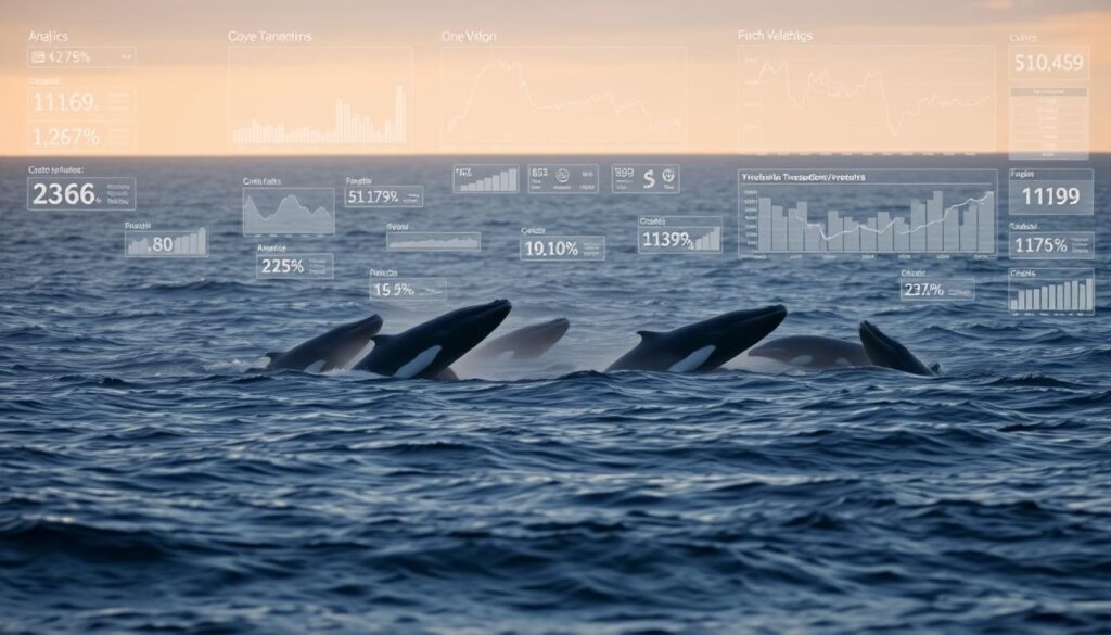 A vast ocean expanse, with gently rolling waves illuminated by soft, warm lighting. In the foreground, a group of whales breaching the surface, their massive bodies silhouetted against the horizon. Surrounding them, a flurry of data visualizations and analytics charts, depicting the ebb and flow of high-volume crypto transactions. The scene conveys a sense of power, dynamism, and the intricate interconnectedness of the digital financial world. The overall mood is one of awe and wonder, as the viewer is immersed in the grand scale and complexity of on-chain activities.