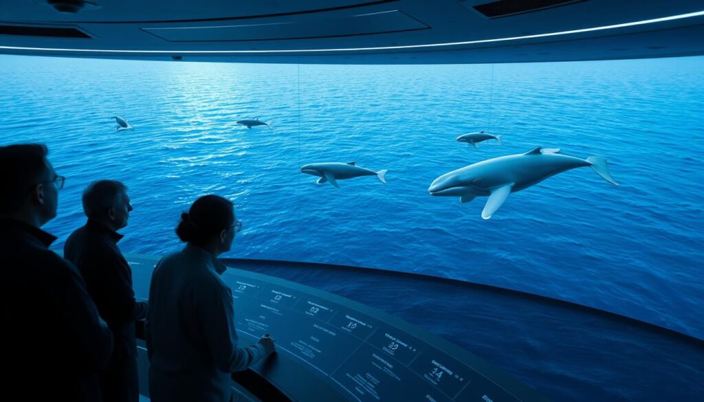 A vast, shimmering ocean stretches out before a high-tech command center. In the foreground, a team of analysts intently studies a large, curved display panel, their faces illuminated by the glow of real-time data visualizations. Sleek, high-resolution cameras capture the movement of massive, whale-like figures in the deep blue waters below, their migration patterns charted in a stunning 3D model. The scene is bathed in a cool, techno-industrial lighting, conveying the power and precision of this AI-driven whale tracking system. Intricate algorithms analyze the whales' behaviors, identifying potential "crypto whales" - large cryptocurrency holders that could influence market trends. This is the evolution of manual whale watching to AI-powered analysis, revolutionizing the way we understand and predict the movements of these majestic marine giants.