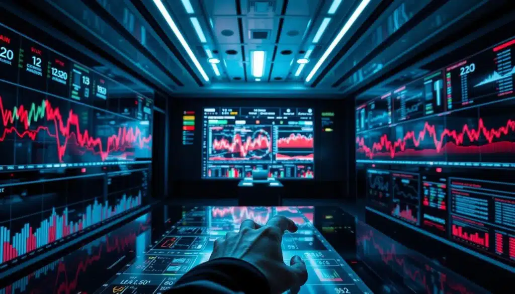A vast trading dashboard illuminates a sleek, futuristic office. Translucent screens display real-time data visualizations, pulsing with dynamic lines and charts. In the foreground, a user intently analyzes the information, fingers dancing across a tactile control interface. The lighting is cool and moody, casting dramatic shadows that accentuate the technological sophistication. The overall atmosphere evokes a sense of precision, power, and the cutting edge of AI-driven financial analysis.