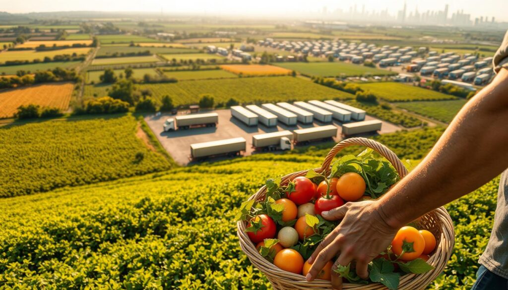 A vast, verdant farmland stretches out, its lush fields and orchards bathed in warm, golden sunlight. In the foreground, a farmer carefully inspects a basket of ripe, vibrant produce, their weathered hands bearing the marks of their labor. In the middle ground, a fleet of trucks and cargo containers stand ready to transport the fresh bounty, while in the distance, a bustling city skyline emerges, signifying the final destination of this farm-to-table journey. The scene is captured through a wide-angle lens, conveying a sense of interconnectedness and the seamless traceability of the agricultural supply chain. The overall mood is one of abundance, sustainability, and the vital link between the land, the people who cultivate it, and the consumers who enjoy its fruits.