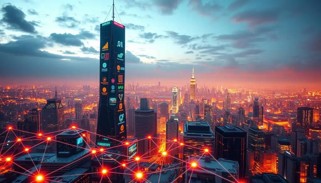 A vibrant DeFi ecosystem pulsing with Layer 2 innovations. In the foreground, a dynamic network of interconnected protocols represented by sleek, geometric shapes and flowing data streams. The middle ground features a towering, futuristic skyscraper, its facade adorned with holographic displays showcasing the latest DeFi trends. The background is a sweeping, cityscape panorama, illuminated by the glow of blockchain technology, creating an atmosphere of technological progress and financial transformation. Warm, saturated colors and dramatic lighting evoke a sense of energy and innovation. The overall composition conveys the rapid evolution and growing importance of the DeFi and Layer 2 landscape.