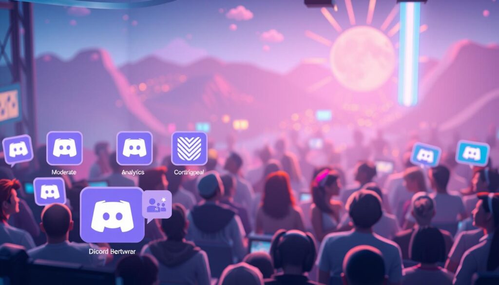 A vibrant Discord server, bustling with activity. The foreground showcases various Discord bot icons - sleek, modern designs representing automation tools for moderation, analytics, and community engagement. In the middle ground, animated Discord server members interact with these bots, their expressions reflecting excitement and increased participation. The background depicts a dynamic, neon-lit landscape, hinting at the energy and potential of leveraging Discord's capabilities. Soft, diffused lighting illuminates the scene, creating an inviting and immersive atmosphere. The overall composition conveys the power of integrating specialized Discord bots to enhance community engagement and social interaction.