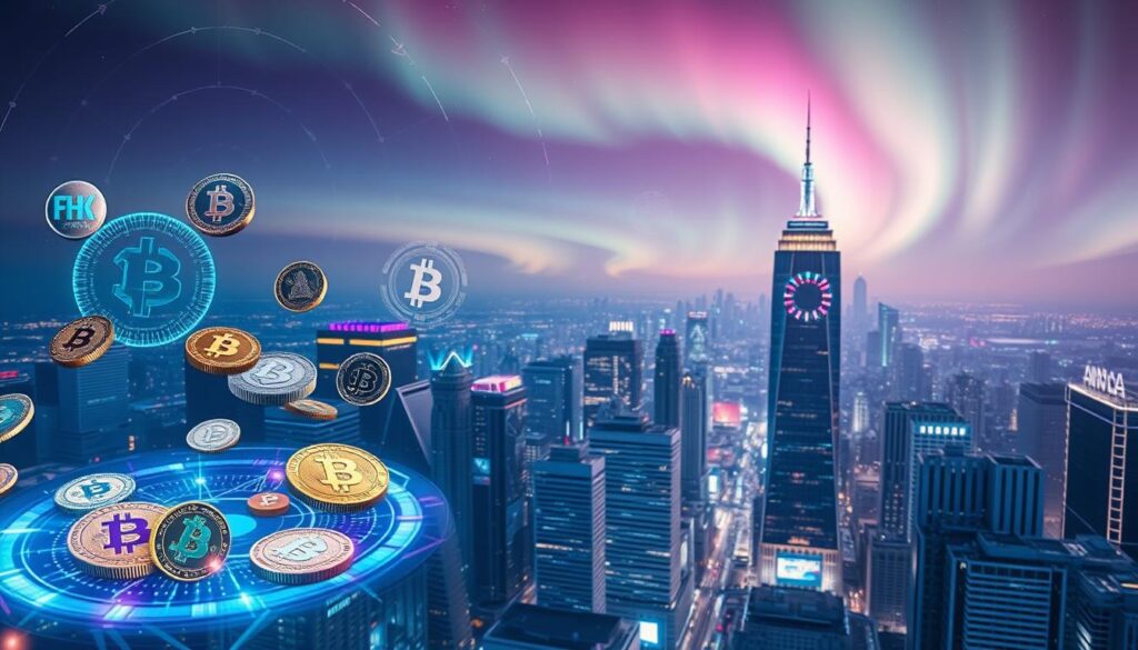A vibrant aerial view of a dynamic AI-powered digital assets market. In the foreground, various cryptocurrencies and blockchain tokens float in a shimmering, holographic display, each with its own unique visualization. The middle ground features a bustling cityscape of towering skyscrapers, their facades adorned with futuristic holograms and neon-lit screens showcasing real-time market data. In the background, a stunning, aurora-like sky casts an ethereal glow over the scene, hinting at the transformative power of artificial intelligence and decentralized finance. Crisp, cinematic lighting illuminates the entire composition, capturing the energy, innovation, and promise of the AI-driven digital assets landscape.