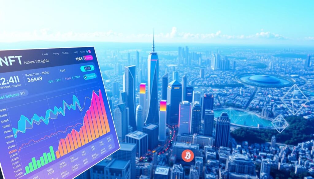 A vibrant and data-driven visualization of the dynamic NFT market trends and investment insights. In the foreground, a sleek dashboard with real-time charts and graphs showcasing the latest NFT sales volumes, price fluctuations, and market capitalization. The middle ground features a 3D rendered cityscape, with towering skyscrapers and bustling streets, representing the thriving NFT ecosystem. In the background, a panoramic view of the digital landscape, with blockchain networks and cryptocurrency symbols subtly woven into the scenery. The overall composition conveys a sense of growth, innovation, and the transformative potential of non-fungible tokens.