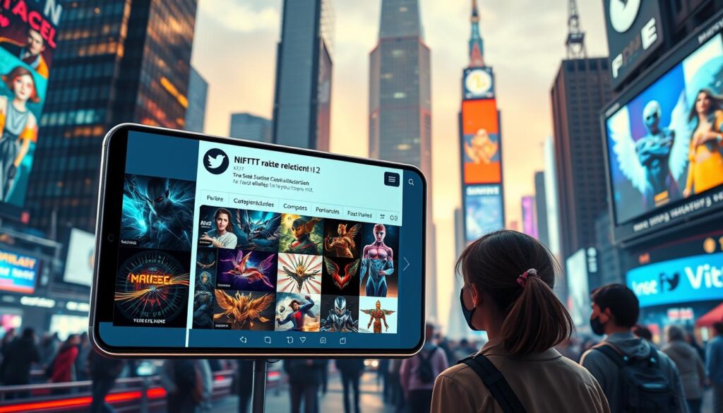 A vibrant and dynamic Twitter advertisement showcasing a collection of captivating NFTs. In the foreground, a sleek and modern Twitter interface displays a carousel of visually striking digital artworks, each with a unique style and allure. The middle ground features a group of engaged and intrigued users, their attention captivated by the eye-catching NFT visuals. In the background, a futuristic cityscape with towering skyscrapers and neon-lit billboards sets the scene, conveying a sense of technological advancement and the ever-evolving digital landscape. The overall atmosphere is one of excitement, innovation, and the promise of rare and coveted NFT rewards, inviting the viewer to engage with the Twitter campaign and discover the hidden gems within. A vibrant and dynamic Twitter advertisement showcasing a collection of captivating NFTs. In the foreground, a sleek and modern Twitter interface displays a carousel of visually striking digital artworks, each with a unique style and allure. The middle ground features a group of engaged and intrigued users, their attention captivated by the eye-catching NFT visuals. In the background, a futuristic cityscape with towering skyscrapers and neon-lit billboards sets the scene, conveying a sense of technological advancement and the ever-evolving digital landscape. The overall atmosphere is one of excitement, innovation, and the promise of rare and coveted NFT rewards, inviting the viewer to engage with the Twitter campaign and discover the hidden gems within.