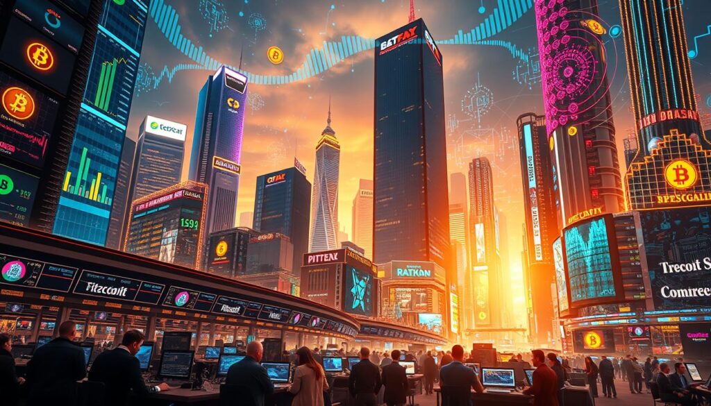 A vibrant and dynamic cityscape, showcasing the rapid growth and evolution of the cryptocurrency market. In the foreground, a bustling stock exchange floor, with traders closely monitoring digital currency charts on holographic displays. In the middle ground, towering skyscrapers adorned with neon-lit crypto logos, symbolizing the industry's soaring valuation and global influence. The background is a kaleidoscope of futuristic technology, with data streams, blockchain networks, and AI-powered algorithms pulsing with energy, driving the relentless innovation that is transforming the financial landscape. Warm, golden lighting casts an optimistic glow, capturing the sense of boundless potential and the transformative power of decentralized finance.