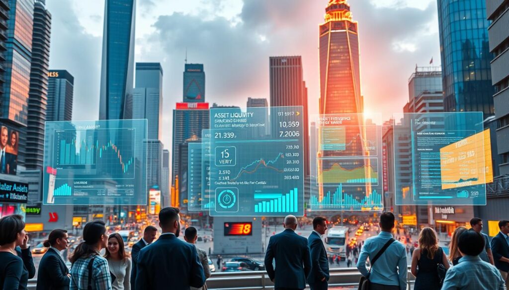 A vibrant and dynamic cityscape, with towering skyscrapers and bustling streets. In the foreground, a group of individuals in business attire engaged in lively conversations, representing the active exchange of financial assets. The middle ground features a series of transparent holographic screens, displaying real-time data on asset liquidity, trading volumes, and market trends. The background is illuminated by a warm, golden glow, emanating from the city's infrastructure and reflecting the sense of prosperity and economic growth. The overall scene conveys a harmonious blend of human interaction and advanced technological integration, showcasing the seamless integration of artificial intelligence in enhancing asset liquidity. A vibrant and dynamic cityscape, with towering skyscrapers and bustling streets. In the foreground, a group of individuals in business attire engaged in lively conversations, representing the active exchange of financial assets. The middle ground features a series of transparent holographic screens, displaying real-time data on asset liquidity, trading volumes, and market trends. The background is illuminated by a warm, golden glow, emanating from the city's infrastructure and reflecting the sense of prosperity and economic growth. The overall scene conveys a harmonious blend of human interaction and advanced technological integration, showcasing the seamless integration of artificial intelligence in enhancing asset liquidity.