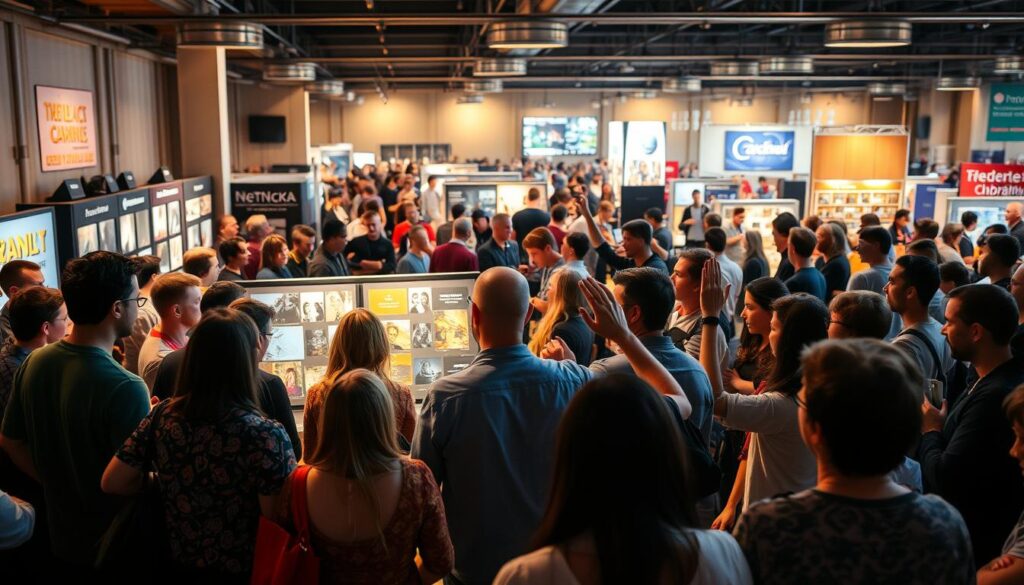 A vibrant and dynamic community of NFT enthusiasts gathered together, engaged in animated discussions and exchanges. In the foreground, a diverse group of people are huddled around a central display, examining and admiring a collection of unique digital artworks. The middle ground features a lively Q&A session, with individuals eagerly raising their hands to participate. In the background, a bustling marketplace unfolds, with vendors showcasing their latest NFT offerings and attendees immersing themselves in the experience. Warm, inviting lighting illuminates the scene, creating a sense of energy and excitement. The overall atmosphere conveys the benefits of running successful NFT giveaways, fostering a thriving brand community.
