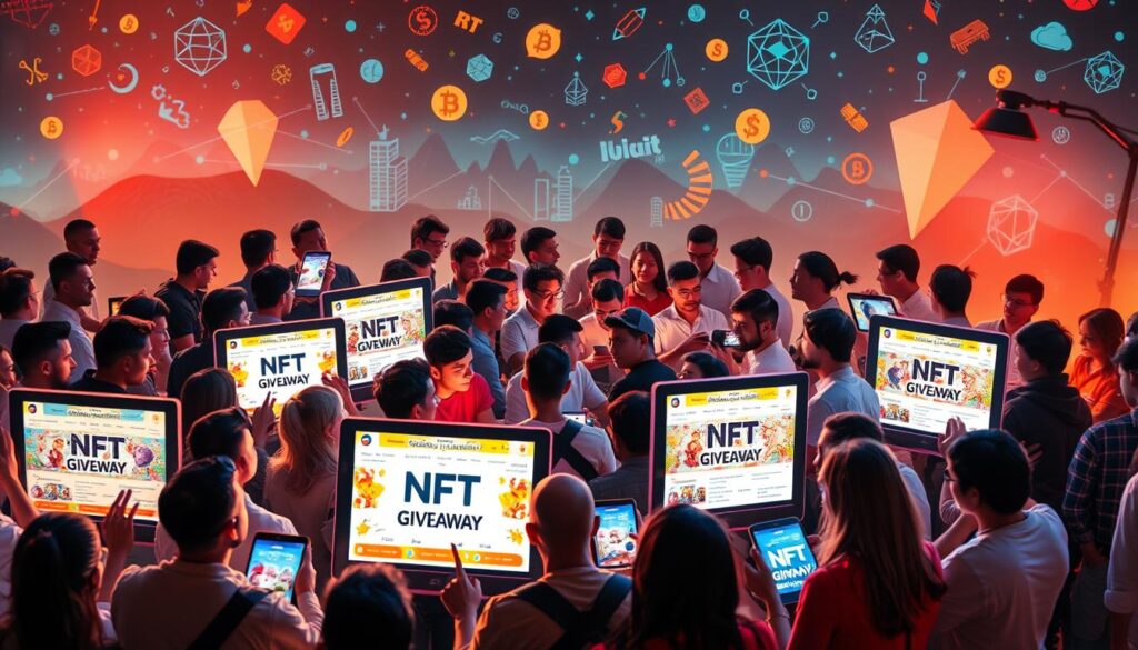 A vibrant and dynamic community of social media users gathers around a central hub, engaged in lively discussions and exchanges. In the foreground, various online platforms display enticing NFT giveaway promotions, with colorful graphics and interactive elements. The middle ground features a diverse group of enthusiastic participants, their faces illuminated by the glow of their devices as they eagerly participate in the ongoing NFT giveaways. In the background, a digital landscape unfolds, filled with stylized representations of blockchain technology, cryptocurrency symbols, and other web3 iconography, creating a sense of futuristic innovation and connectivity. Warm lighting and a sense of energy permeate the scene, conveying the excitement and anticipation of the social media NFT giveaway community.