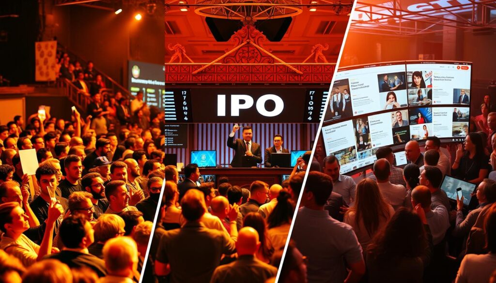 A vibrant and dynamic comparison of an ICO, IPO, and crowdfunding, depicted in a triptych-style layout. In the foreground, a crowd of diverse individuals eagerly investing in an ICO, the cryptocurrency token sale process. In the middle ground, a team of professionals ringing the bell at a stock exchange for an IPO, the traditional public offering. In the background, a bustling online platform showcasing various crowdfunding campaigns. Warm lighting illuminates the scene, creating a sense of excitement and opportunity. The composition emphasizes the contrasting yet interconnected nature of these three methods of fundraising, inviting the viewer to explore the similarities and differences between them. A vibrant and dynamic comparison of an ICO, IPO, and crowdfunding, depicted in a triptych-style layout. In the foreground, a crowd of diverse individuals eagerly investing in an ICO, the cryptocurrency token sale process. In the middle ground, a team of professionals ringing the bell at a stock exchange for an IPO, the traditional public offering. In the background, a bustling online platform showcasing various crowdfunding campaigns. Warm lighting illuminates the scene, creating a sense of excitement and opportunity. The composition emphasizes the contrasting yet interconnected nature of these three methods of fundraising, inviting the viewer to explore the similarities and differences between them.
