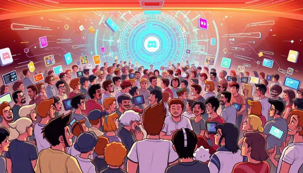 A vibrant and dynamic digital community gathered around a central NFT project, with a bustling Discord server at the heart of the action. The foreground features a diverse group of animated characters, each with unique avatars, animatedly discussing the latest NFT news, trading strategies, and exclusive drops. The middle ground showcases a flurry of activity, with channels and voice chat areas buzzing with collaboration and debate. In the background, a swirling digital landscape of neon-tinged graphics, abstract shapes, and pulsing data streams creates an immersive, tech-infused atmosphere. Warm, diffused lighting illuminates the scene, capturing the excitement and camaraderie of this thriving NFT community. A vibrant and dynamic digital community gathered around a central NFT project, with a bustling Discord server at the heart of the action. The foreground features a diverse group of animated characters, each with unique avatars, animatedly discussing the latest NFT news, trading strategies, and exclusive drops. The middle ground showcases a flurry of activity, with channels and voice chat areas buzzing with collaboration and debate. In the background, a swirling digital landscape of neon-tinged graphics, abstract shapes, and pulsing data streams creates an immersive, tech-infused atmosphere. Warm, diffused lighting illuminates the scene, capturing the excitement and camaraderie of this thriving NFT community.