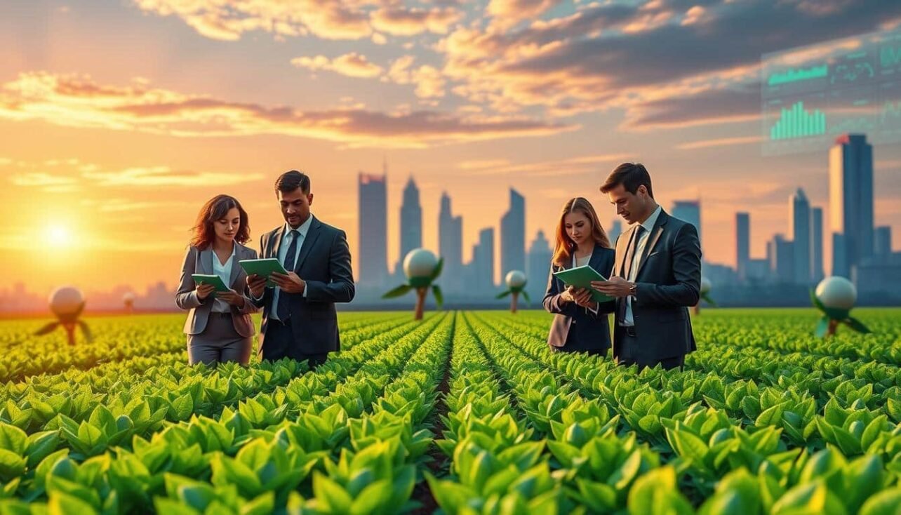 A vibrant and dynamic illustration of "yield farming" in the decentralized finance (DeFi) landscape. In the foreground, a diverse group of professionals dressed in smart business attire is analyzing digital assets on futuristic tablets, showcasing charts and graphs depicting increasing rewards. In the middle ground, lush green fields of stylized cryptocurrencies grow in imaginative rows, symbolizing growth and profit. The background features a city skyline with digital screens displaying blockchain networks and financial data analytics. Soft, warm lighting from a sunset creates an optimistic atmosphere, with warm hues reflecting on the characters' focused expressions. Use a slight depth of field to emphasize the foreground while maintaining clarity in the background, evoking a sense of innovation and opportunity in the DeFi space.
