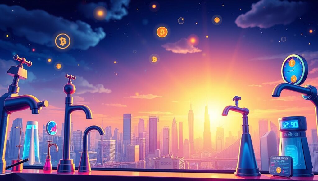 A vibrant and dynamic illustration showcasing the diverse types of crypto faucets in 2025. In the foreground, various faucet designs are prominently displayed, each with a unique shape, color, and interactive interface. The middle ground features a bustling cityscape, with skyscrapers and neon lights reflecting the technological advancements of the crypto ecosystem. The background is bathed in a warm, futuristic glow, suggesting the rapid growth and evolution of the digital currency landscape. The scene is captured with a high-resolution, wide-angle lens, creating a sense of depth and immersion. The overall mood is one of excitement, innovation, and the boundless potential of cryptocurrency faucets in the years to come.