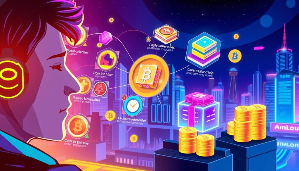 A vibrant and dynamic illustration showcasing the key benefits of NFT mining games for players. In the foreground, a player is immersed in a virtual world, their face lit by the glow of a cryptocurrency-themed user interface. In the middle ground, various rewards and incentives are depicted, such as digital collectibles, exclusive in-game items, and stacks of cryptocurrency. The background features a futuristic cityscape with skyscrapers, holograms, and a vibrant, neon-lit atmosphere, conveying the cutting-edge and innovative nature of the NFT gaming experience. The lighting is dramatic, with sharp contrasts and a sense of depth, creating a captivating and visually engaging scene. A vibrant and dynamic illustration showcasing the key benefits of NFT mining games for players. In the foreground, a player is immersed in a virtual world, their face lit by the glow of a cryptocurrency-themed user interface. In the middle ground, various rewards and incentives are depicted, such as digital collectibles, exclusive in-game items, and stacks of cryptocurrency. The background features a futuristic cityscape with skyscrapers, holograms, and a vibrant, neon-lit atmosphere, conveying the cutting-edge and innovative nature of the NFT gaming experience. The lighting is dramatic, with sharp contrasts and a sense of depth, creating a captivating and visually engaging scene.