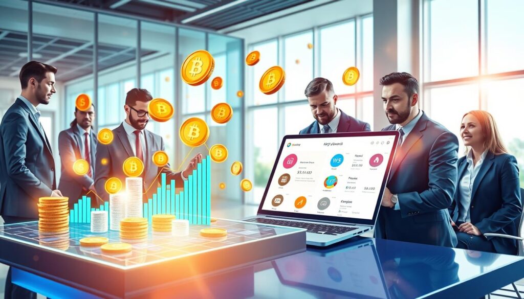 A vibrant and dynamic illustration showcasing the theme of earning cryptocurrency rewards. In the foreground, a diverse group of professionals, dressed in smart business attire, are gathered around a futuristic digital table displaying holographic coins and graphs indicating rising earnings. In the middle ground, a bright laptop screen shows an online rewards dashboard with colorful icons representing various cryptocurrency rewards, alongside digital tokens floating in the air. The background features a modern office space with large windows, allowing natural light to flood in, creating a warm and motivating atmosphere. Soft lens flares enhance the sense of innovation and opportunity, conveying a feeling of excitement and achievement as they strategize ways to maximize earnings while minimizing fees.