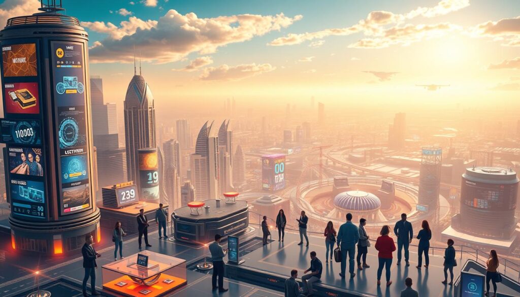 A vibrant and dynamic metaverse landscape, showcasing a diverse array of use cases and market opportunities. In the foreground, a futuristic city skyline with towering holographic buildings and virtual billboards displays various virtual products and services. In the middle ground, avatars of different industries engage in 3D meetings, e-commerce transactions, and immersive entertainment experiences. The background features a vast, expansive virtual world, with data visualizations, blockchain networks, and emerging technologies that enable the metaverse ecosystem. Warm lighting casts a glow over the scene, creating a sense of energy and potential. The overall composition conveys the boundless possibilities and thriving marketplace of the metaverse.