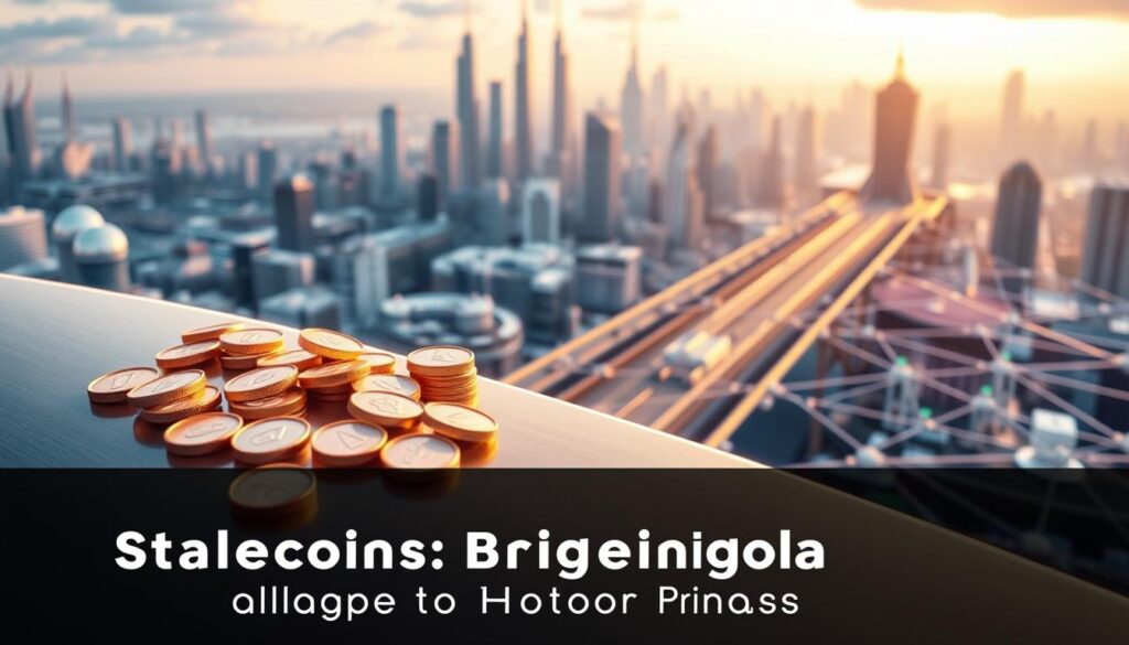 A vibrant and dynamic scene depicting the concept of stablecoins. In the foreground, an array of digital coins in various pastel hues hover above a sleek, metallic surface, casting soft reflections. The middle ground features a network of interconnected nodes and pathways, symbolizing the decentralized infrastructure that supports stablecoin transactions. In the background, a cityscape of futuristic skyscrapers and structures bathed in warm, diffuse lighting, conveying the global reach and accessibility of stablecoins. The overall atmosphere is one of technological innovation, financial stability, and seamless cross-border payments, setting the stage for the "Stablecoins: Bridging the Gap in Global Transfers" section.