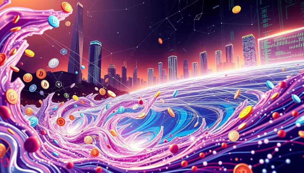 A vibrant and dynamic scene depicting the interplay of liquid staking and restaking protocols in the decentralized finance (DeFi) ecosystem. In the foreground, a swirling vortex of digital tokens representing various staking assets, each flowing and merging seamlessly. In the middle ground, a series of interconnected nodes and pathways, visualizing the intricate network of staking and restaking mechanisms. The background features a futuristic landscape, with towering skyscrapers of code and a pulsing grid of blockchain data, all bathed in a warm, ambient glow. The overall composition conveys the complexity, efficiency, and potential of these DeFi yield optimization strategies, inviting the viewer to delve deeper into this dynamic financial landscape.