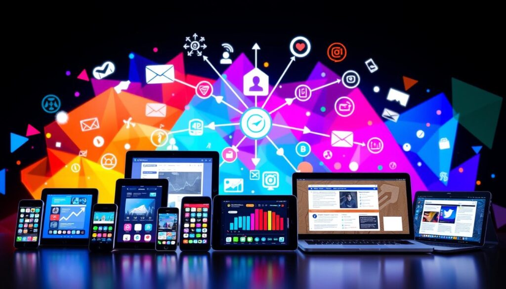 A vibrant and dynamic scene showcasing diverse multi-channel marketing strategies. In the foreground, a group of digital devices - smartphones, tablets, and laptops - displaying various social media platforms, email campaigns, and web content. The middle ground features a network of interconnected arrows and icons, representing the integration and flow of marketing tactics across channels. In the background, a colorful abstract pattern of geometric shapes and gradients, symbolizing the complexity and adaptability of modern marketing approaches. The lighting is bright and energetic, with a slightly futuristic tone, accentuating the innovative and tech-savvy nature of the strategies depicted.