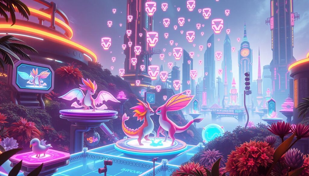 A vibrant and dynamic scene showcasing the intersection of NFT airdrops, play-to-earn games, and breeding strategies. In the foreground, a lush, futuristic landscape with holographic displays and neon-lit structures. Floating platforms and virtual creatures engage in a captivating breeding ritual, their forms intertwining in a mesmerizing dance. In the middle ground, a flurry of pixelated airdrop icons descend from the sky, highlighting the potential for free NFT rewards. The background features a towering, futuristic cityscape with towering skyscrapers and a vibrant, neon-drenched atmosphere. The scene is bathed in a warm, ambient lighting, creating a sense of technological wonder and the endless possibilities of the digital realm.